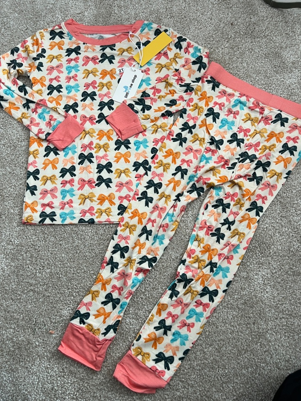 Girls' Cream Bow-Print Bamboo Pajama Set with Pink Trim